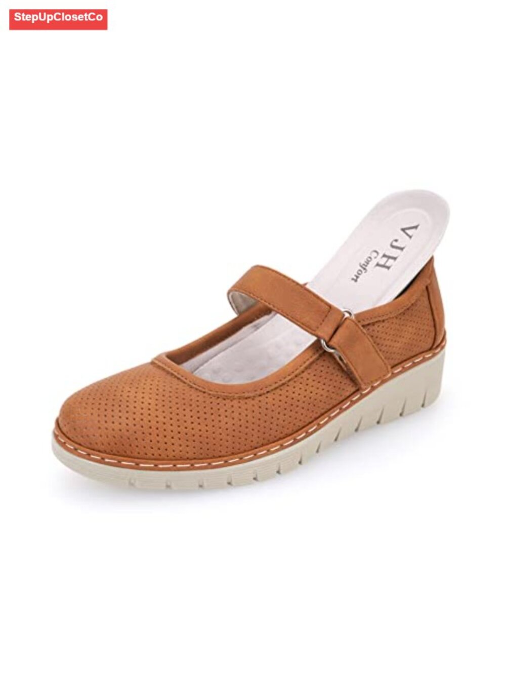 Round Toe Mary Jane Flats Hook-and-Loop Breathable Slip-On Walking Shoes